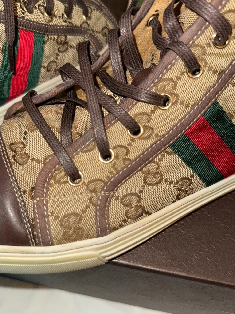 Gucci Brown GG Supreme High-Top Sneakers with Green & Red Web